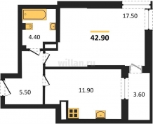 1-к квартира, 42.90м2