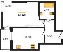1-к квартира, 43.60м2