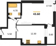 1-к квартира, 43.60м2