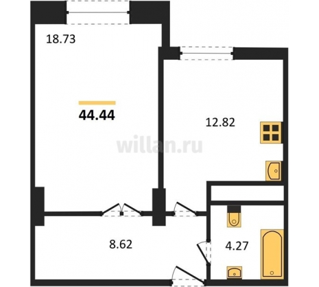 1-к квартира, 44.44м2