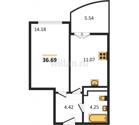 1-к квартира, 36.69м2
